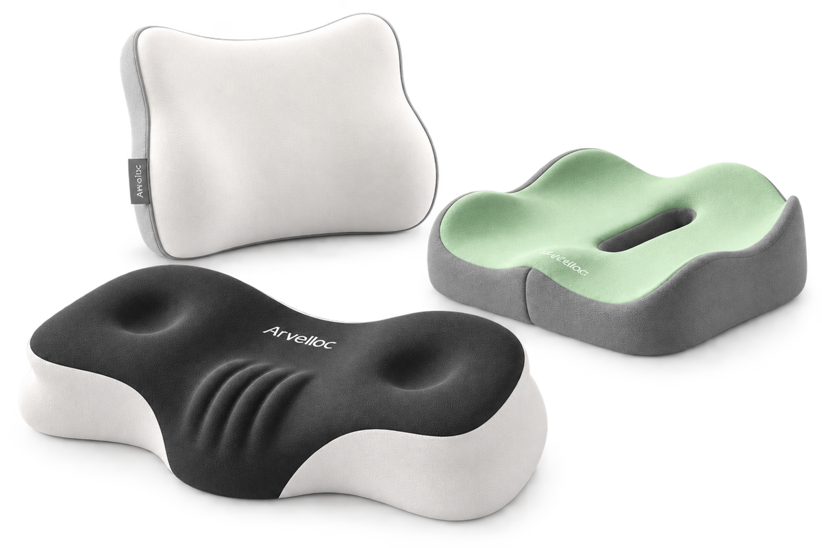 Arvelloc contoured neck pillow, lumbar pillow and seat cushion in a soft studio setting