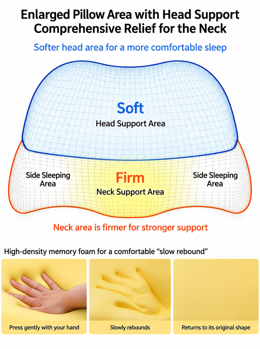 Arvelloc Contoured Memory Foam Neck Pillow, Cervical Support Bed Pillow with Raised Neck Roll and Recessed Head Cradle