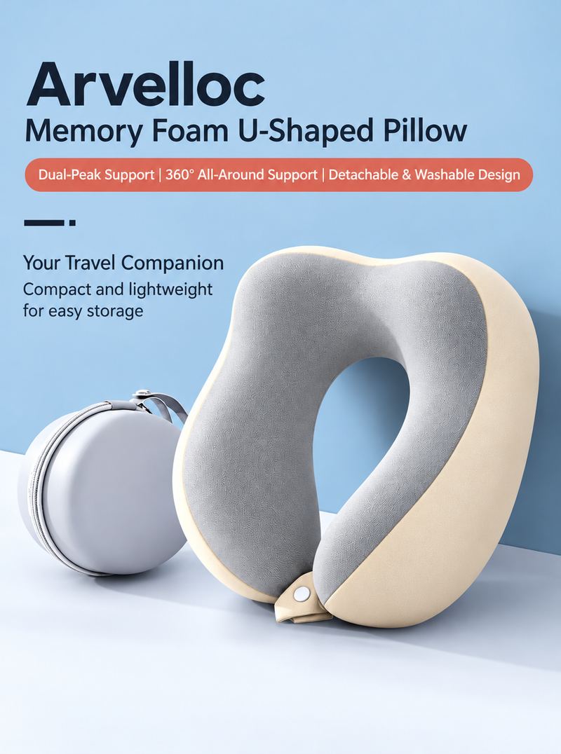 Arvelloc Wraparound Memory Foam Travel Neck Pillow with Carrying Case, Contoured Neck and Chin Support for Airplane, Train and Passenger Travel