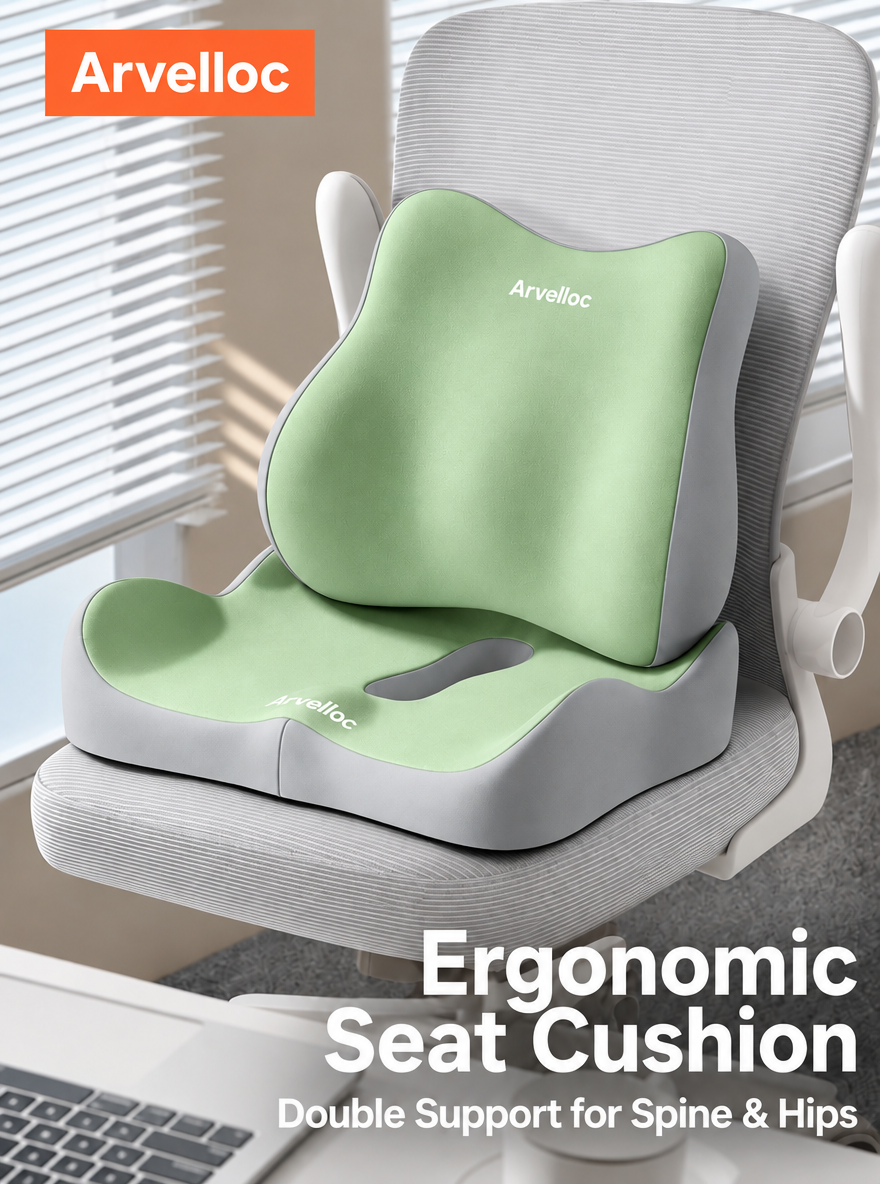 Arvelloc Contoured Memory Foam Seat Cushion for Office Chair, Coccyx Cutout Sitting Pillow with Sculpted Hip and Thigh Support