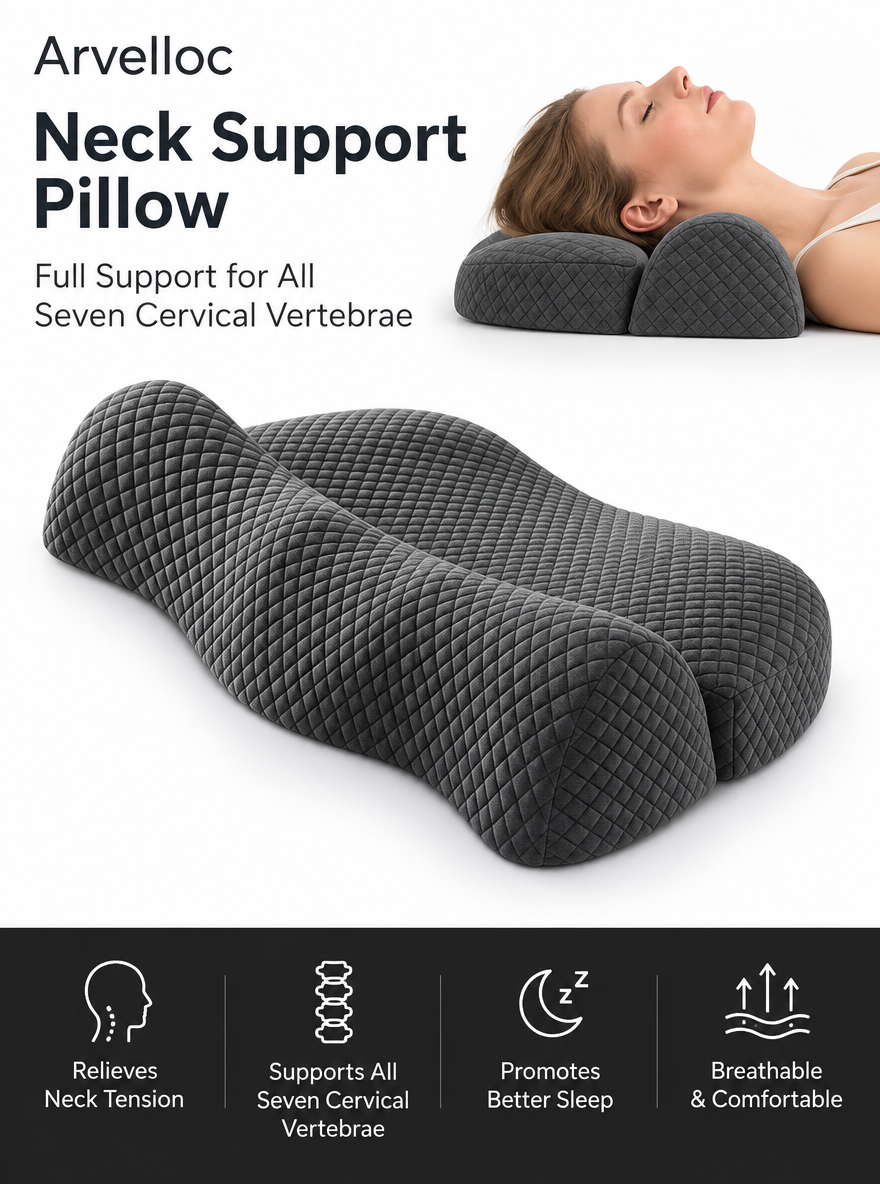 Arvelloc Contoured Memory Foam Neck Pillow, Cervical Support Bed Pillow with Raised Neck Roll and Recessed Head Cradle