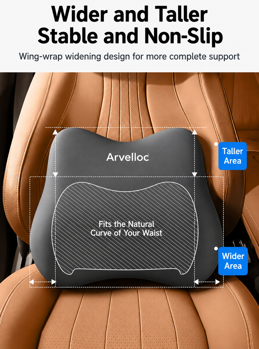Arvelloc Contoured Car Lumbar Support Pillow, Wide Lower Back Cushion with Wraparound Side Wings for Driver and Passenger Seats