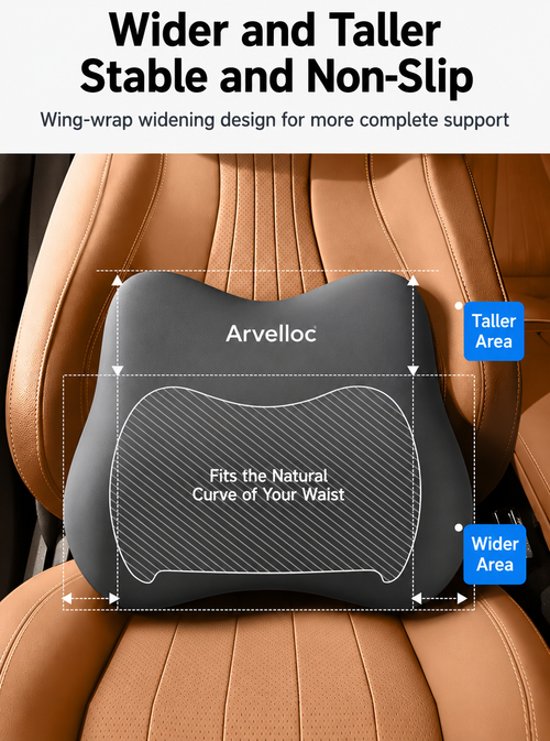 Arvelloc Contoured Car Lumbar Support Pillow, Wide Lower Back Cushion with Wraparound Side Wings for Driver and Passenger Seats