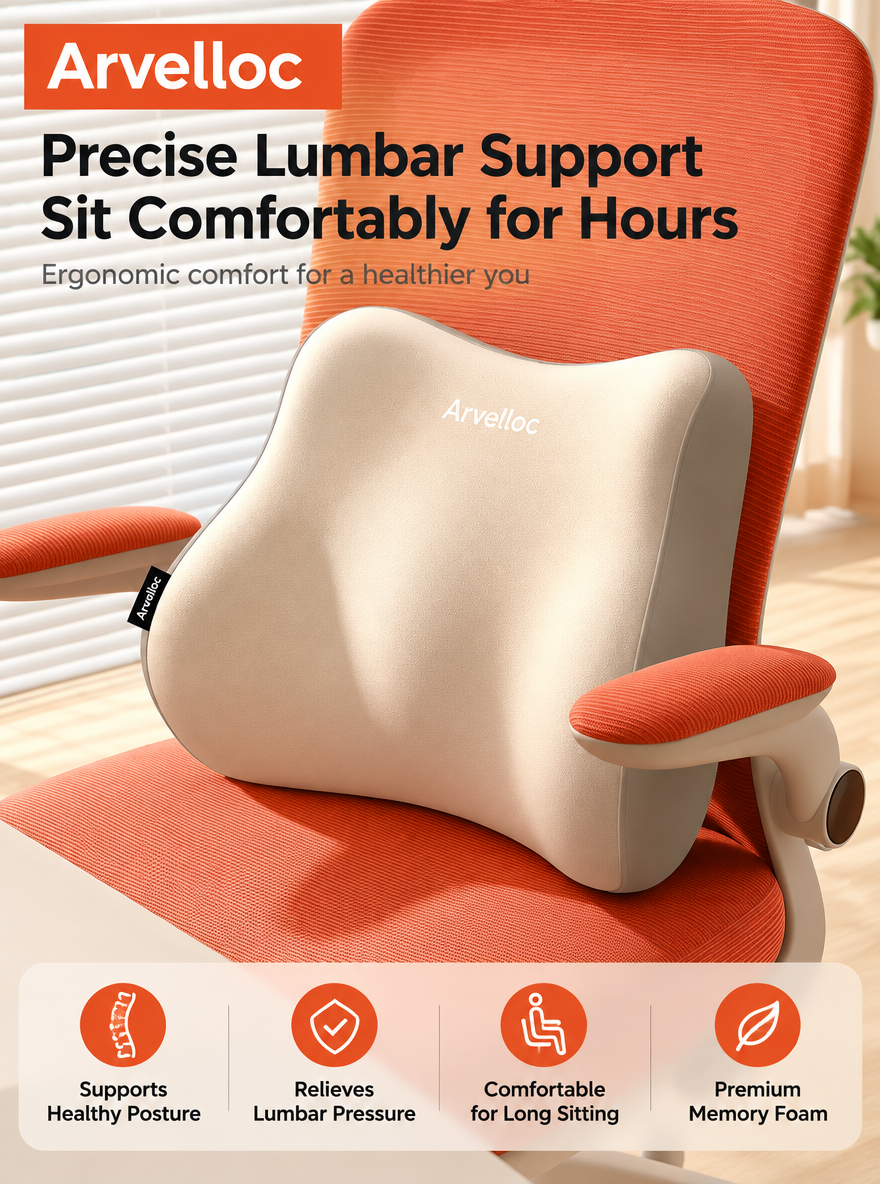 Arvelloc Contoured Memory Foam Lumbar Support Pillow for Office Chair, Ergonomic Lower Back Cushion for Desk and Home Seating