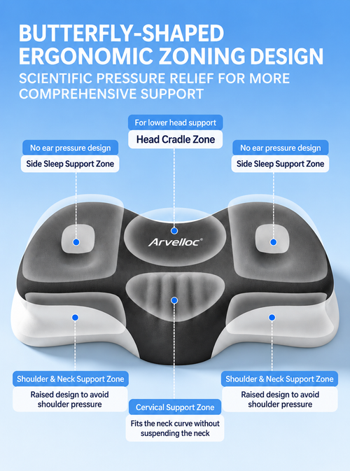 Arvelloc Butterfly Contour Memory Foam Pillow, Ergonomic Cervical Neck Support Pillow for Back and Side Sleepers