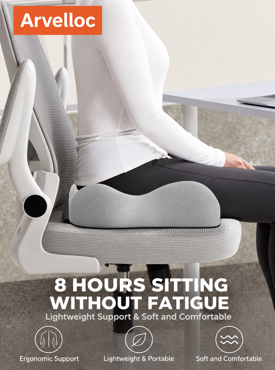 Arvelloc Contoured Memory Foam Seat Cushion for Office Chair, Coccyx Cutout Sitting Pillow with Sculpted Hip and Thigh Support