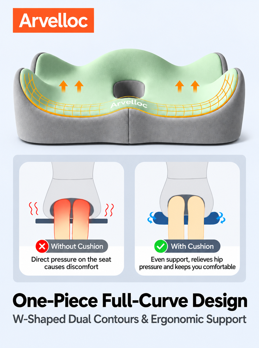 Arvelloc Contoured Memory Foam Seat Cushion for Office Chair, Coccyx Cutout Sitting Pillow with Sculpted Hip and Thigh Support