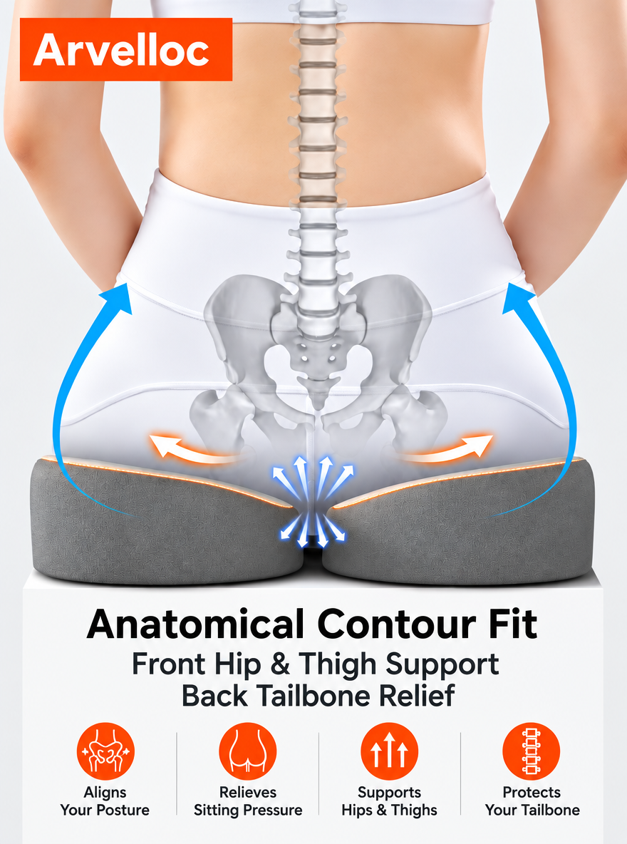Arvelloc Open-Cutout Coccyx Seat Cushion, Contoured Tailbone Support Sitting Pillow for Office Chair and Home Seating