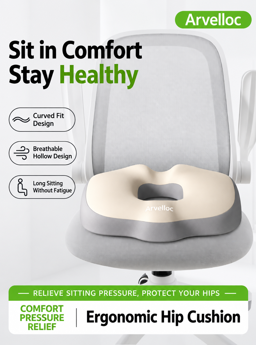 Arvelloc Contoured Donut Seat Cushion, Slow-Rebound Ring Sitting Pillow with Open Center for Office Chair and Home Use