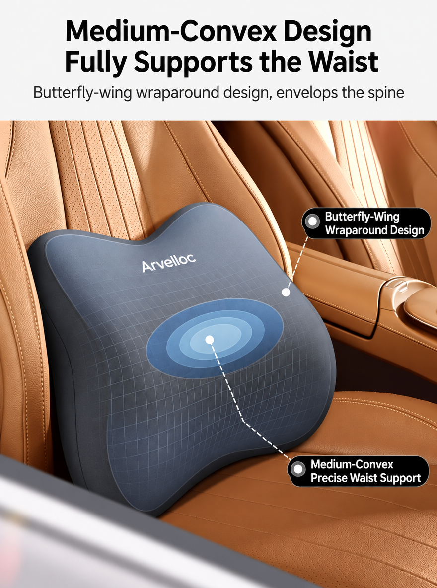 Arvelloc Contoured Car Lumbar Support Pillow, Wide Lower Back Cushion with Wraparound Side Wings for Driver and Passenger Seats