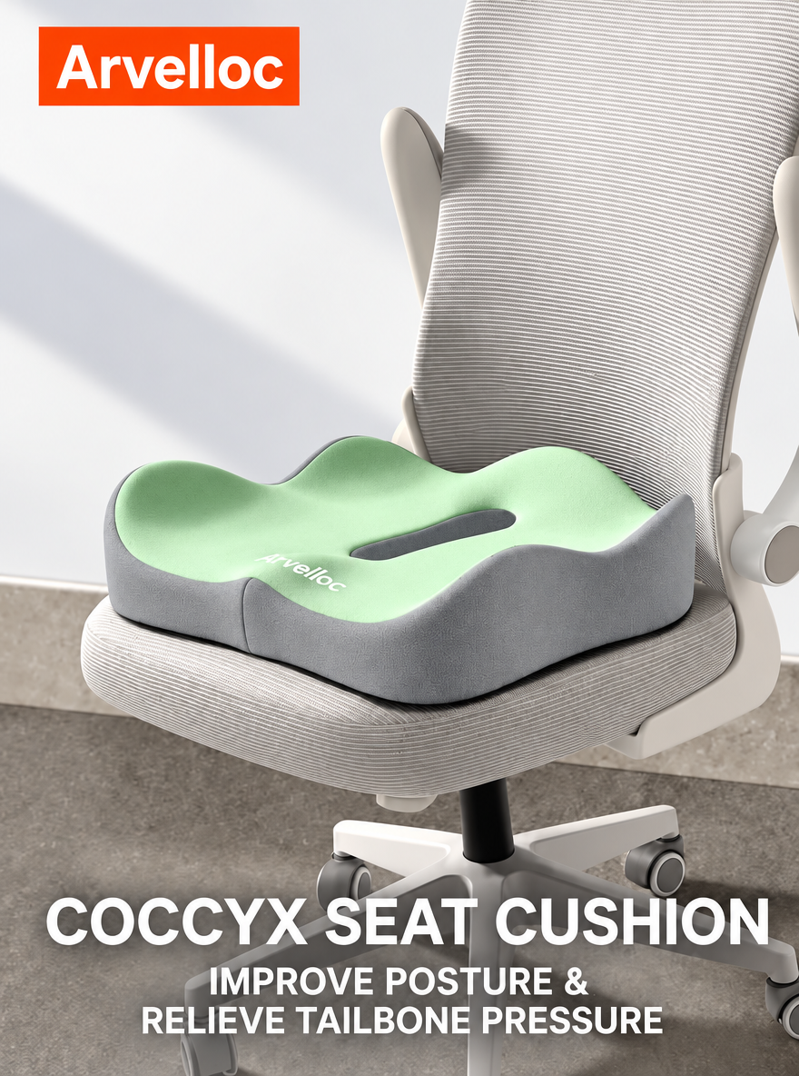 Arvelloc Contoured Memory Foam Seat Cushion for Office Chair, Coccyx Cutout Sitting Pillow with Sculpted Hip and Thigh Support