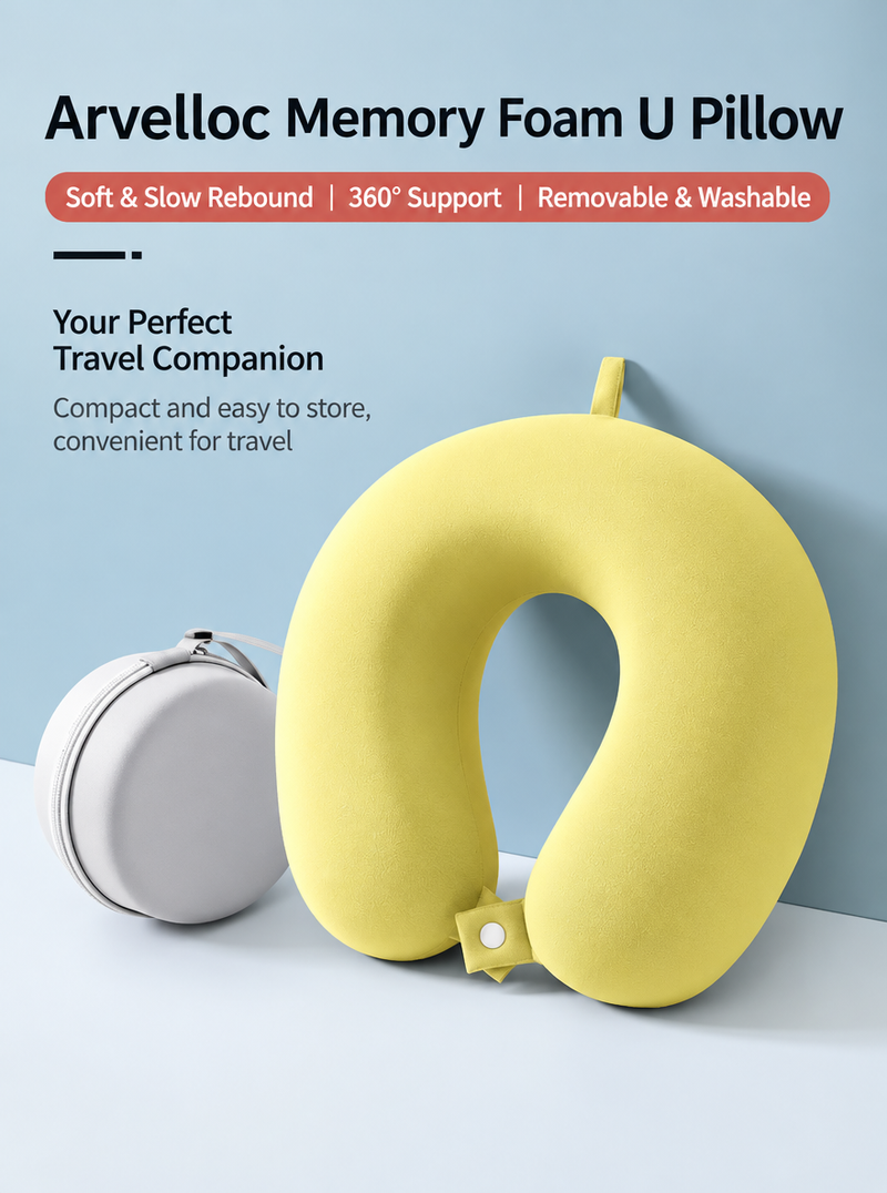 Arvelloc U-Shaped Memory Foam Travel Neck Pillow with Removable Washable Cover and Carrying Case, Portable Airplane and Road Trip Pillow